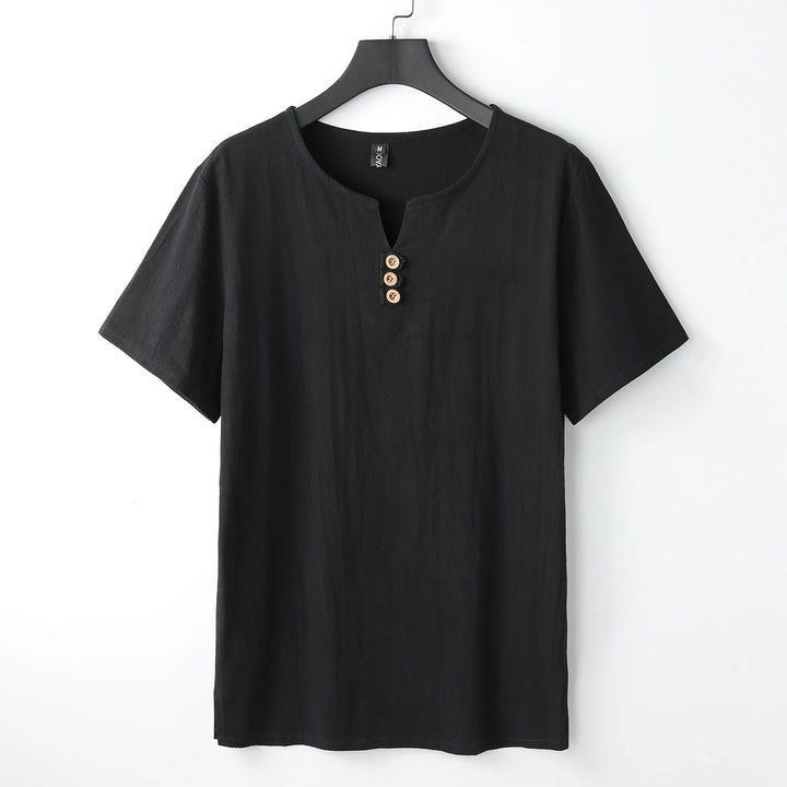 Stylish men's short sleeve relaxed fit t-shirt with button neck. Perfect casual top for versatile everyday wear.