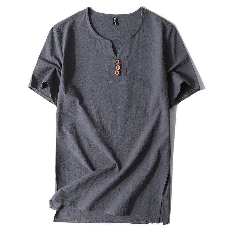 Classic men's short sleeve t-shirt, relaxed fit with button neck. Essential casual wear for effortless style & comfort.