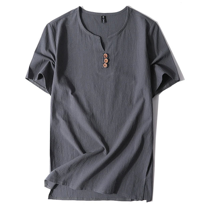 Classic men's short sleeve t-shirt, relaxed fit with button neck. Essential casual wear for effortless style & comfort.