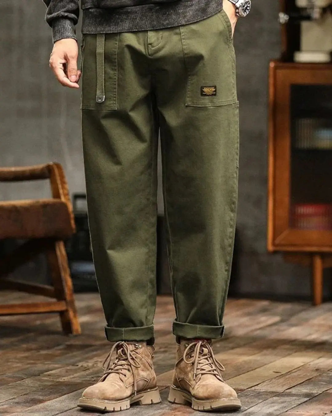 Men's relaxed fit cargo pants in a neutral color, ideal for casual everyday wear.