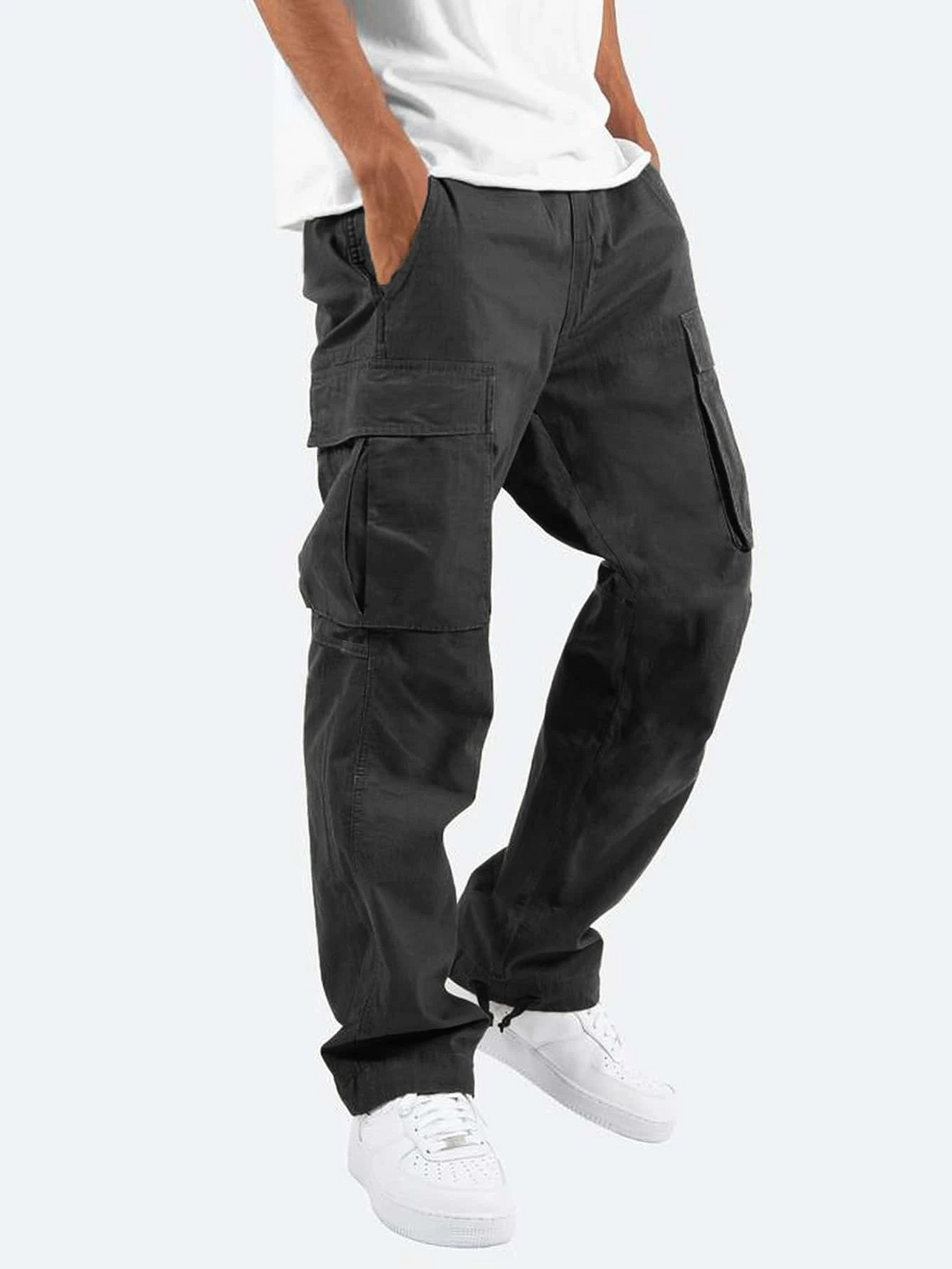 Men's relaxed fit cargo trousers in classic black with practical utility pockets for versatile casual wear.