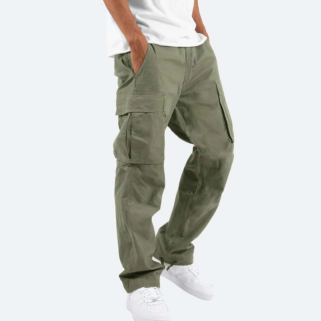 Practical men's relaxed fit cargo pants with spacious utility pockets, offering both style and functionality.