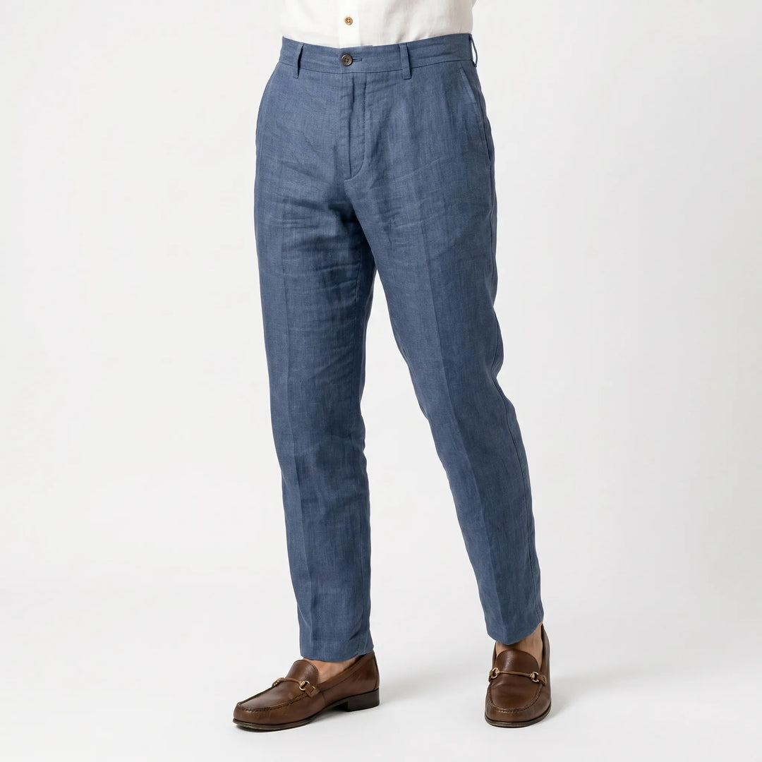 Lightweight men's relaxed fit trousers, perfect for smart casual summer office wear. Comfortable.