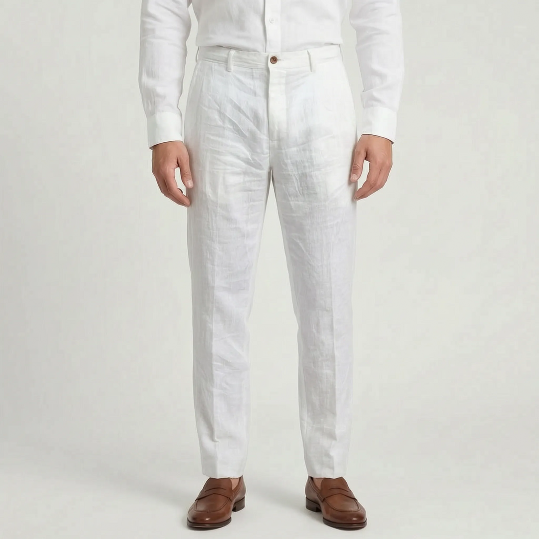 Men's relaxed fit trousers with button fly, blending style for office & casual comfort.