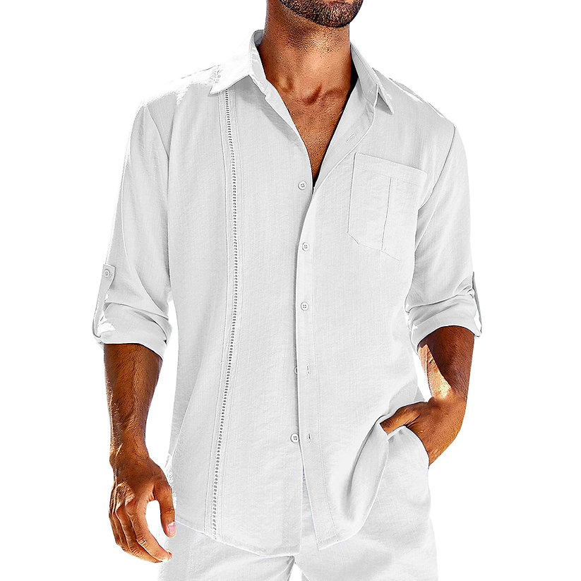 Versatile men's relaxed fit button-up shirt in Cuban style, ideal for resort wear & casual outings.