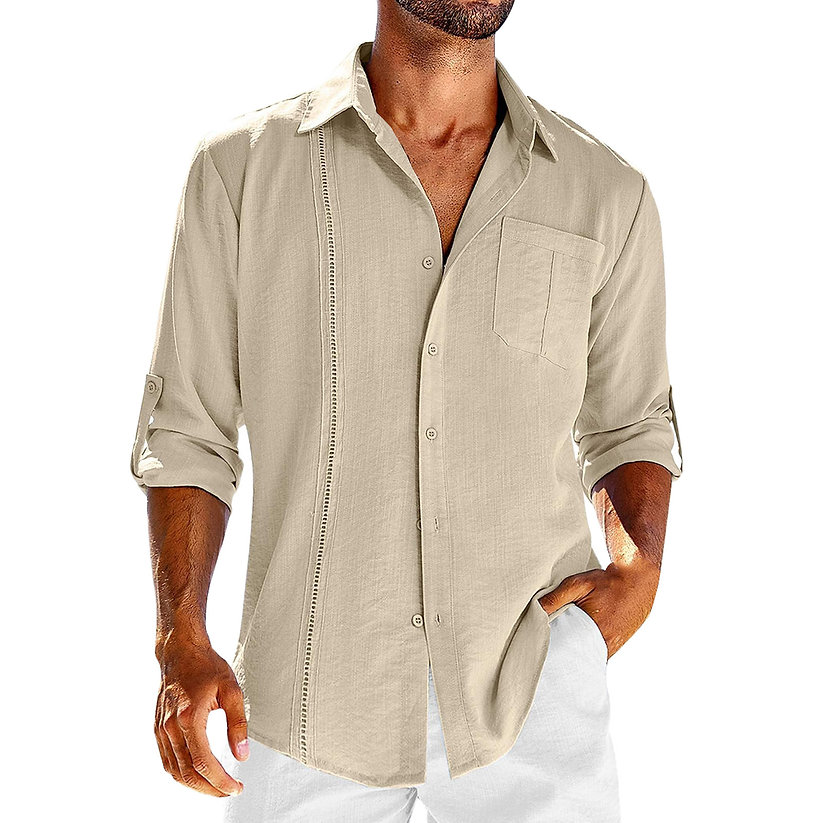 Men's casual Cuban style button-up shirt, relaxed fit, short sleeve; great for summer & resort wear.