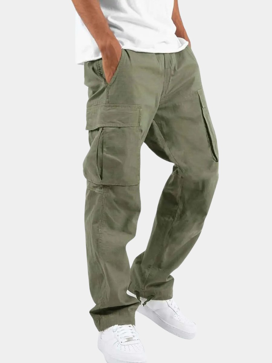 Men's relaxed fit drawstring cargo pants in a neutral color, perfect for casual everyday wear & comfort.