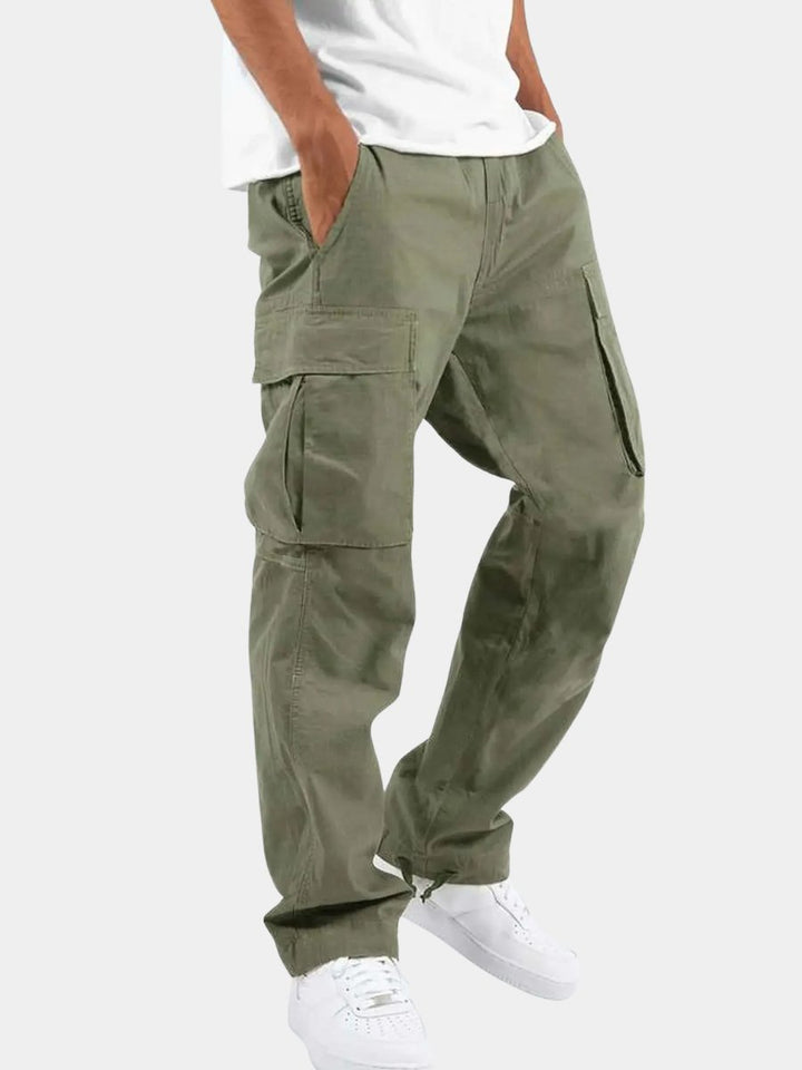 Men's relaxed fit drawstring cargo pants in a neutral color, perfect for casual everyday wear & comfort.