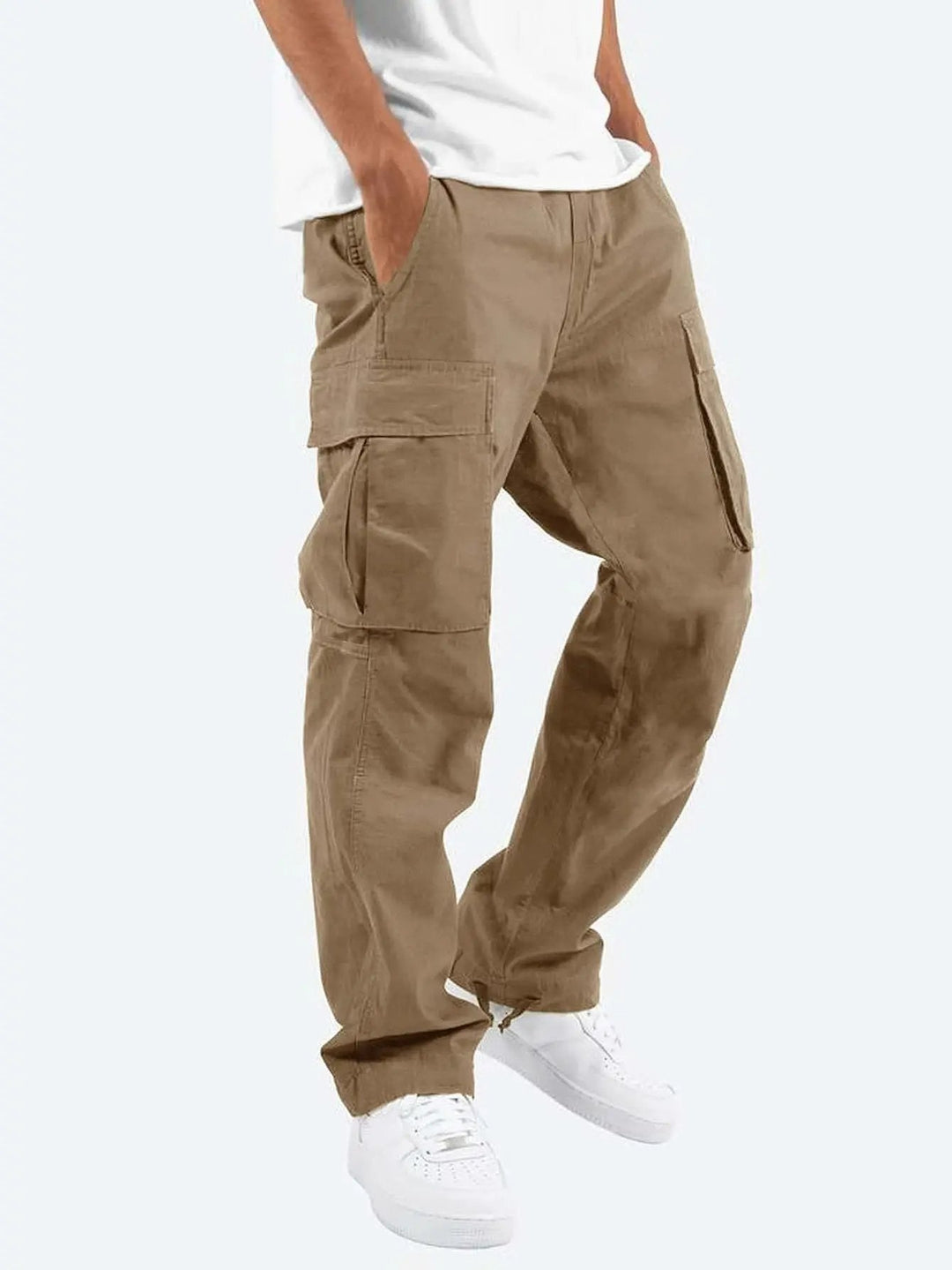 Side profile of comfortable men's cargo pants with drawstring waist, suitable for daily wear & utility.