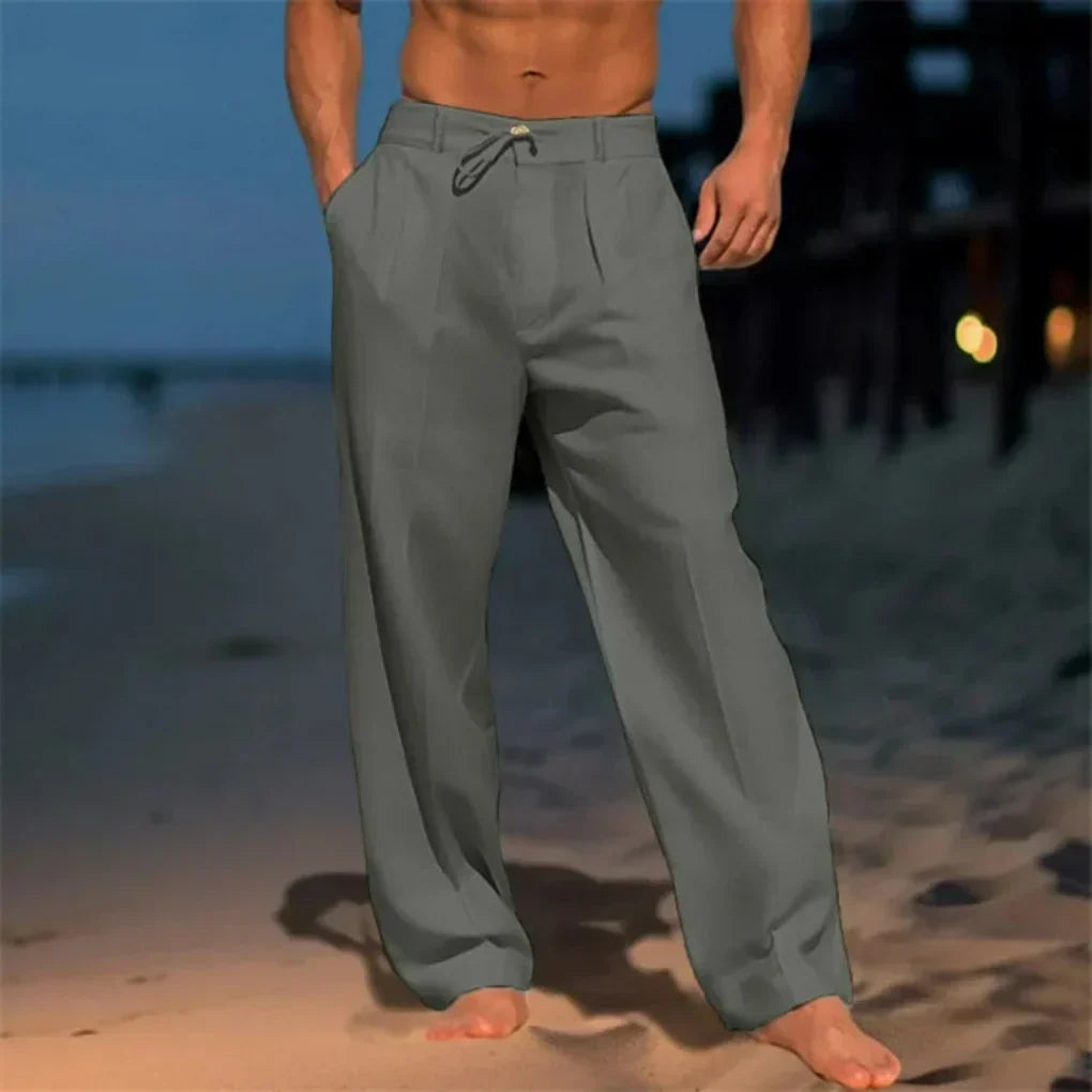 Men's relaxed fit drawstring dress pants. Perfect casual summer trousers for versatile men's fashion.