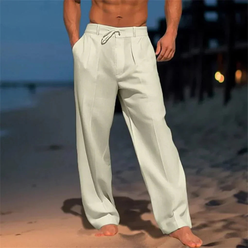 Stylish men's relaxed fit drawstring dress pants. Ideal casual trousers for a comfortable summer fashion look.