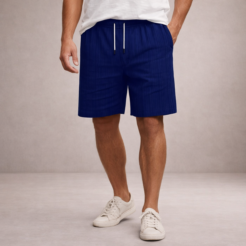 Stylish men's relaxed fit drawstring summer shorts with subtle stripe detail for casual wear.