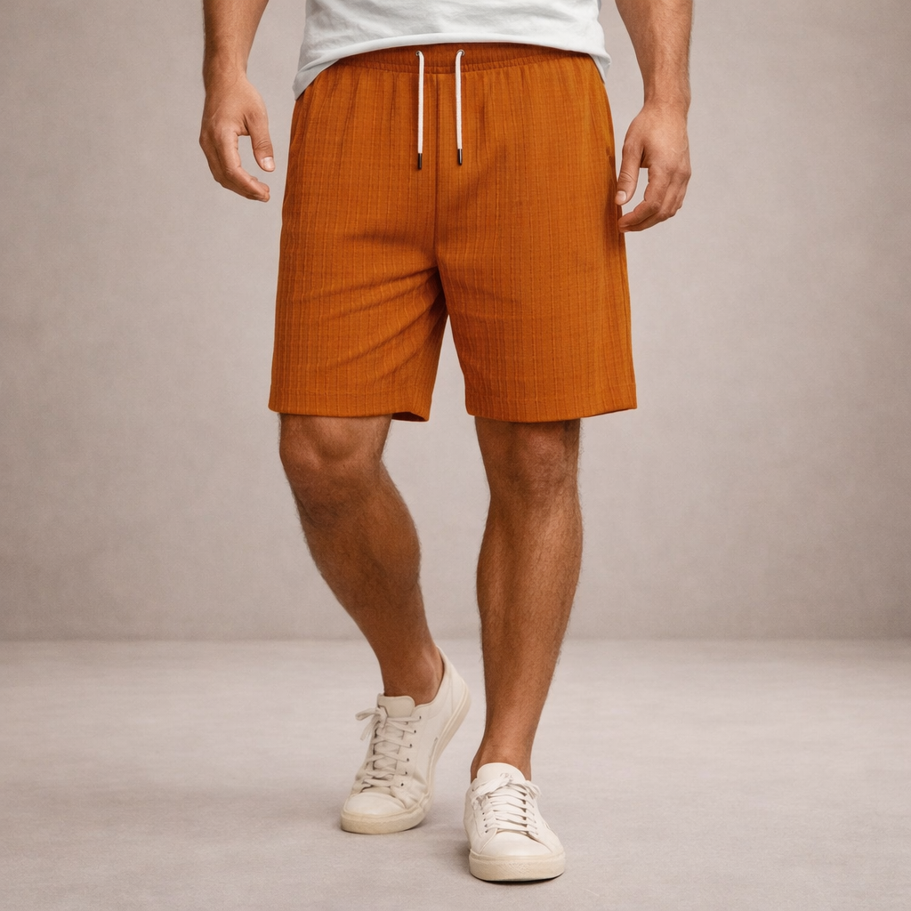 Soft fabric men's relaxed fit drawstring summer shorts, offering casual style and breathability.