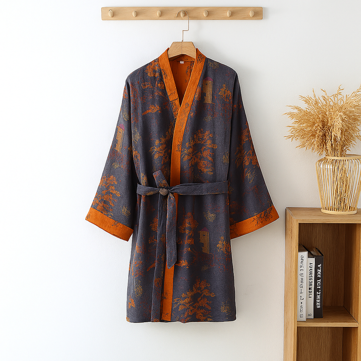 Men's relaxed fit jacquard kimono robe with v-neck & adjustable tie for ultimate home comfort loungewear.