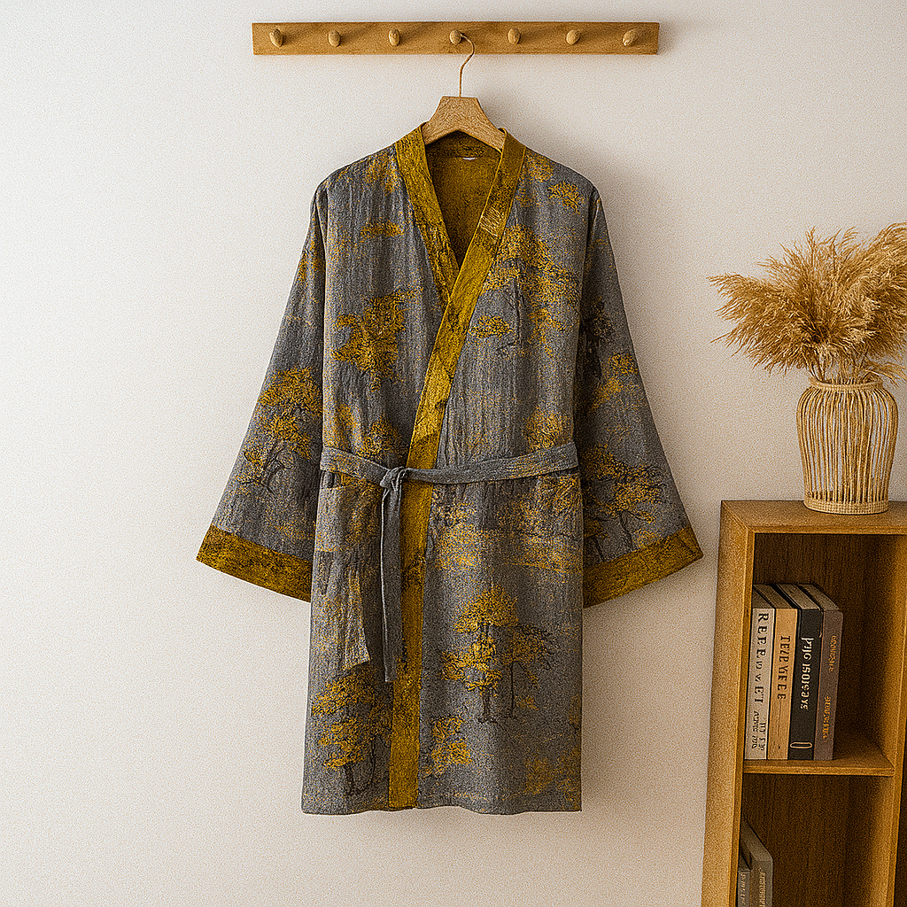 Stylish men's jacquard kimono robe. Relaxed fit v-neck loungewear & sleepwear with adjustable tie for comfort.