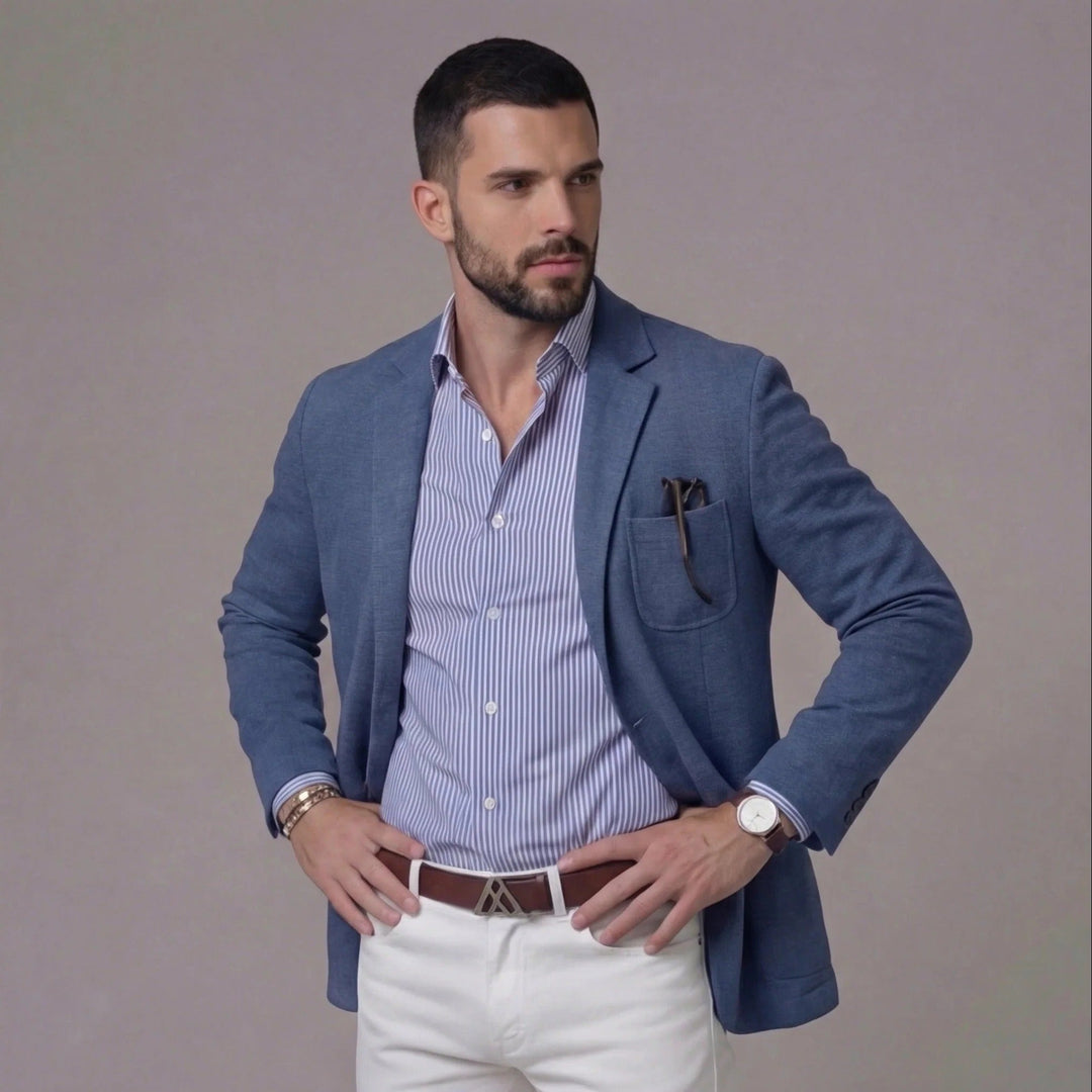 Lightweight summer blazer for men, relaxed fit design for a modern, casual fashion look.