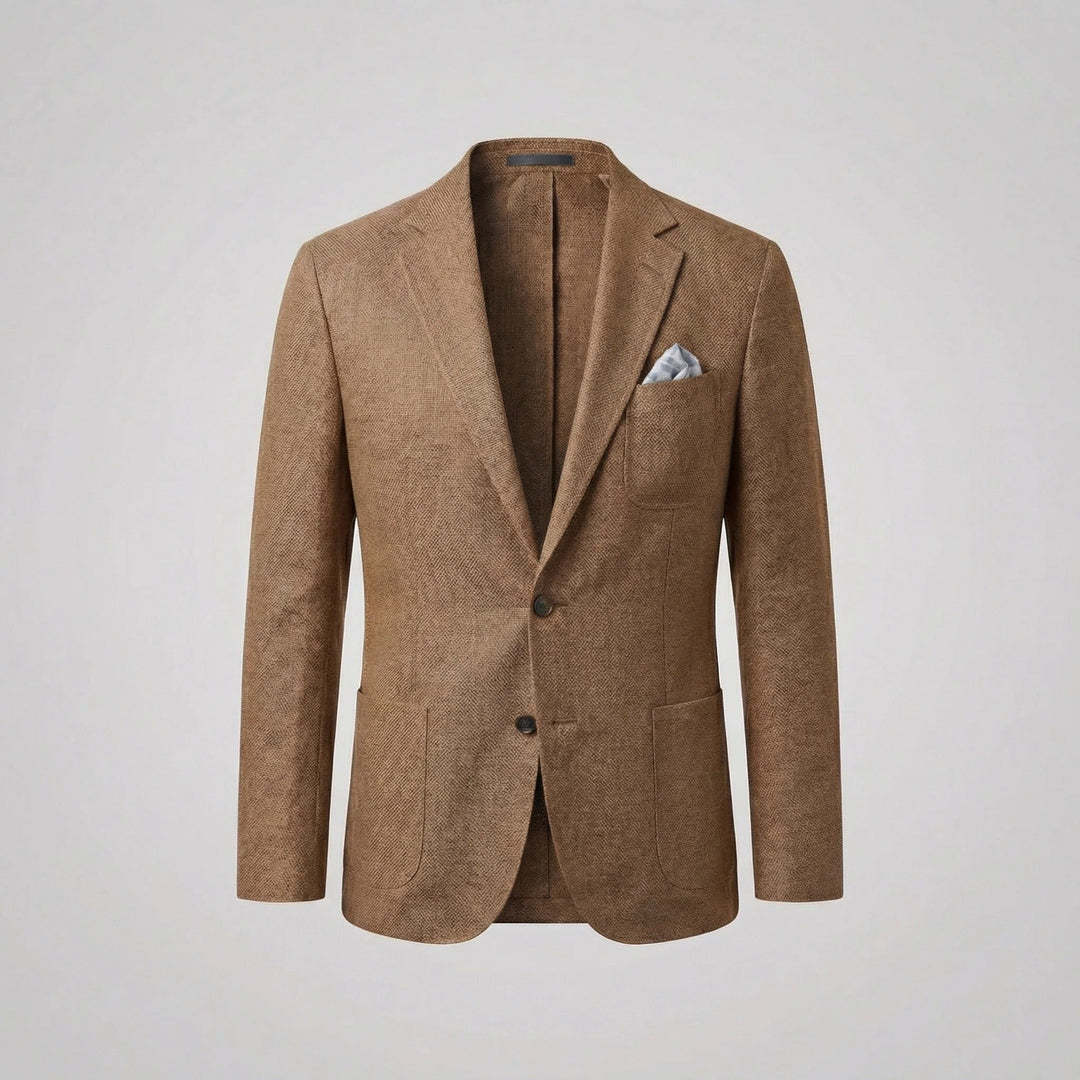 Textured fabric detail of men's lightweight blazer, relaxed fit, perfect for summer fashion.