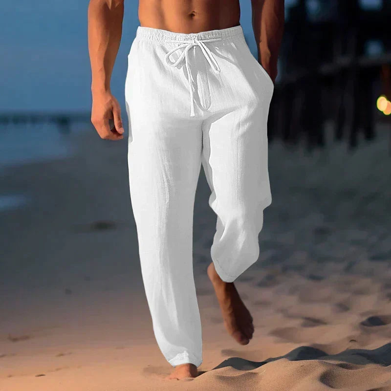 Stylish men's casual linen pants with drawstring, offering a relaxed fit for summer, beach, or vacation wear.