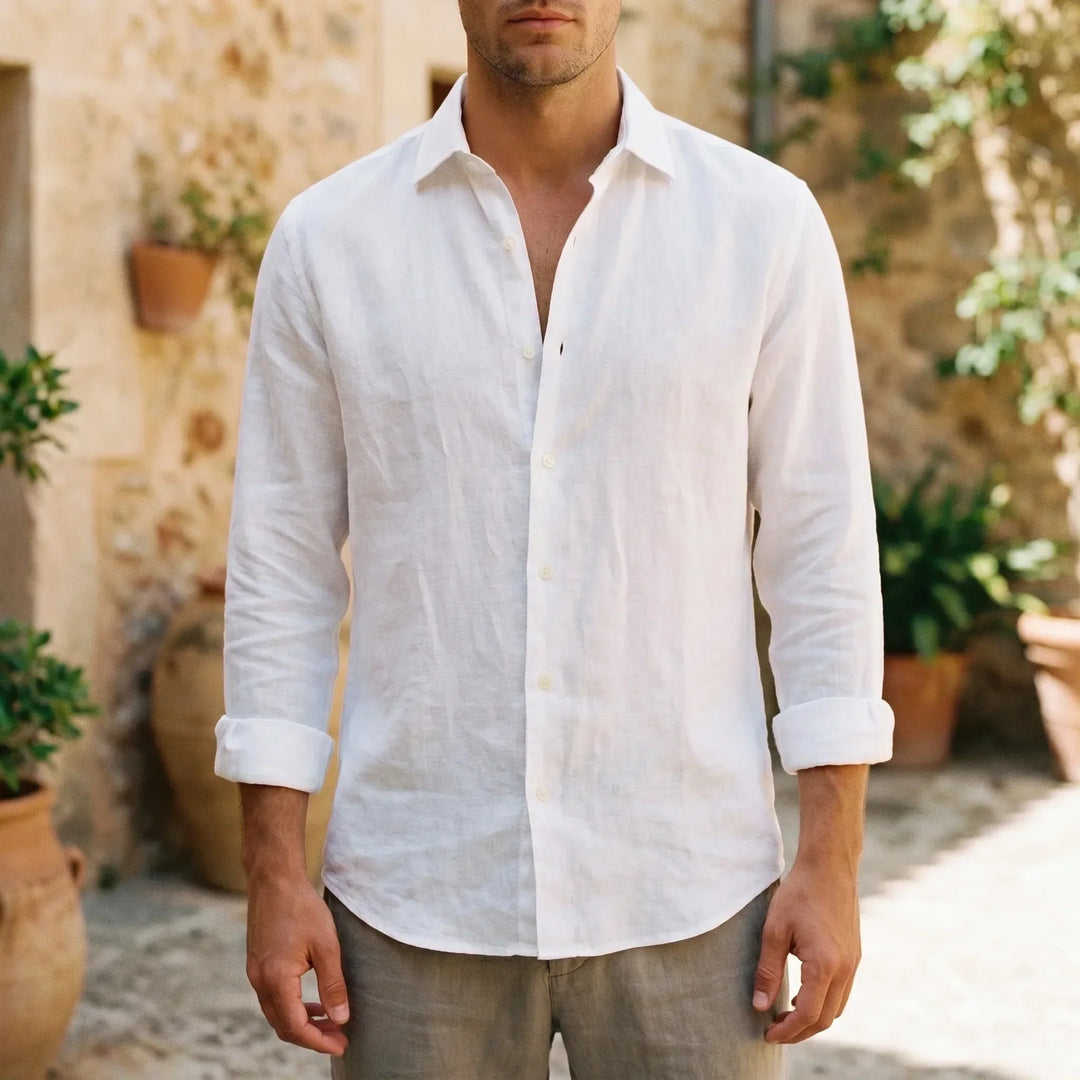 Men's relaxed fit long-sleeve button-up shirt for casual wear, lightweight & breathable, perfect for summer.