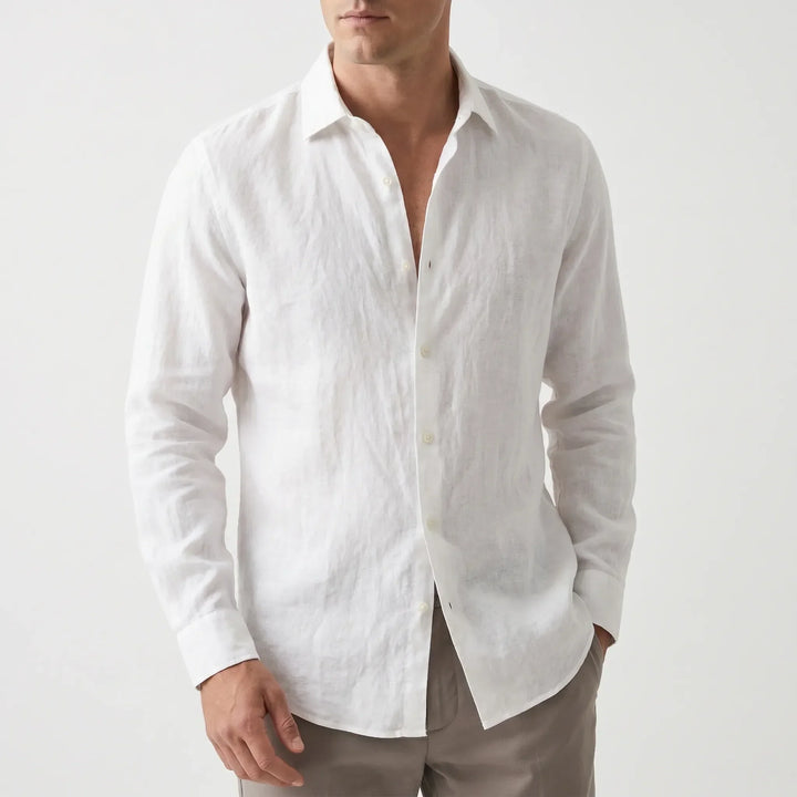Stylish men's long-sleeve button-up shirt, relaxed fit, ideal for beach, travel, or everyday casual fashion.