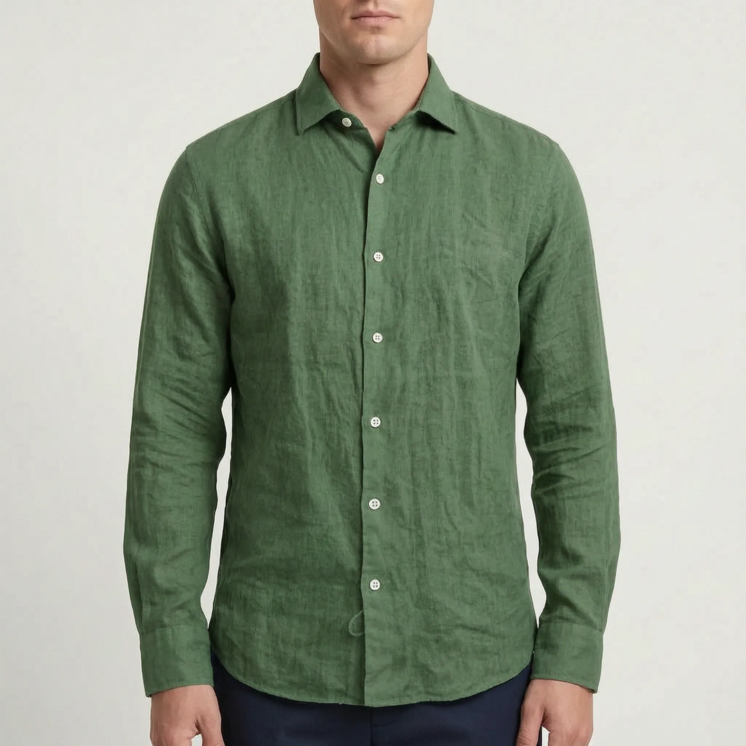 Relaxed fit men's long-sleeve button-up shirt, solid color, versatile for casual, beach, and travel outfits.