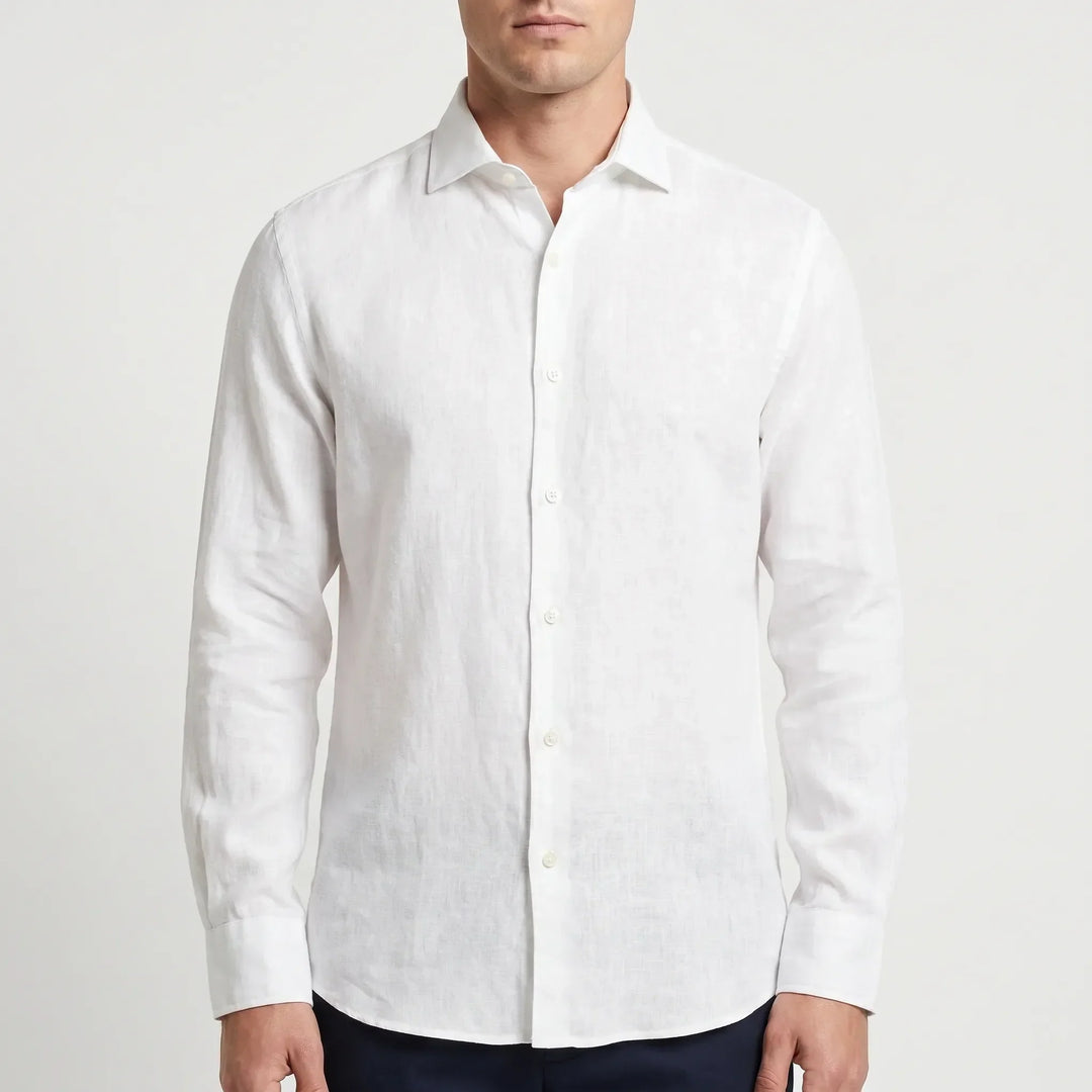 Easy-wearing men's long-sleeve button-up shirt. Relaxed fit, breathable, solid color; great for summer fashion.