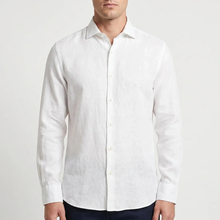 Easy-wearing men's long-sleeve button-up shirt. Relaxed fit, breathable, solid color; great for summer fashion.
