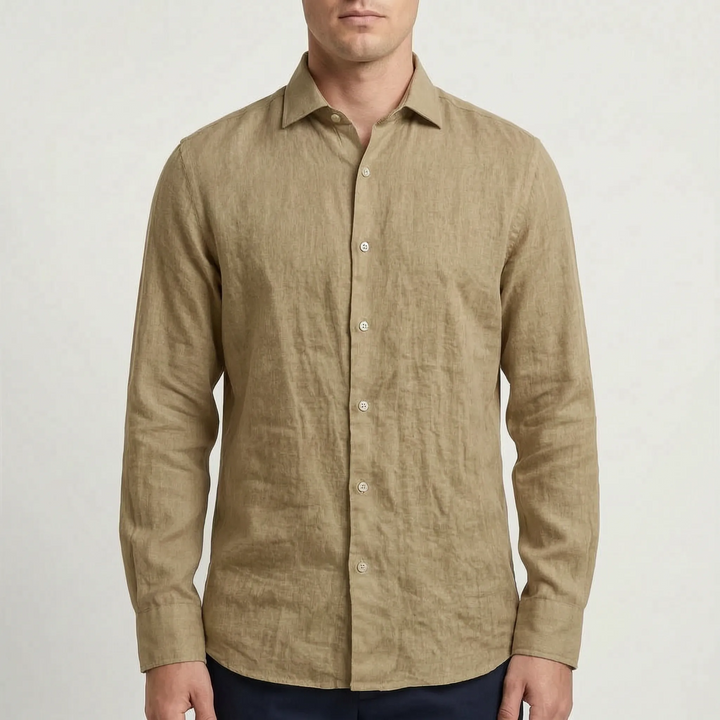 Men's lightweight relaxed fit long-sleeve button-up shirt. Casual summer wear, breathable & stylish beach shirt.