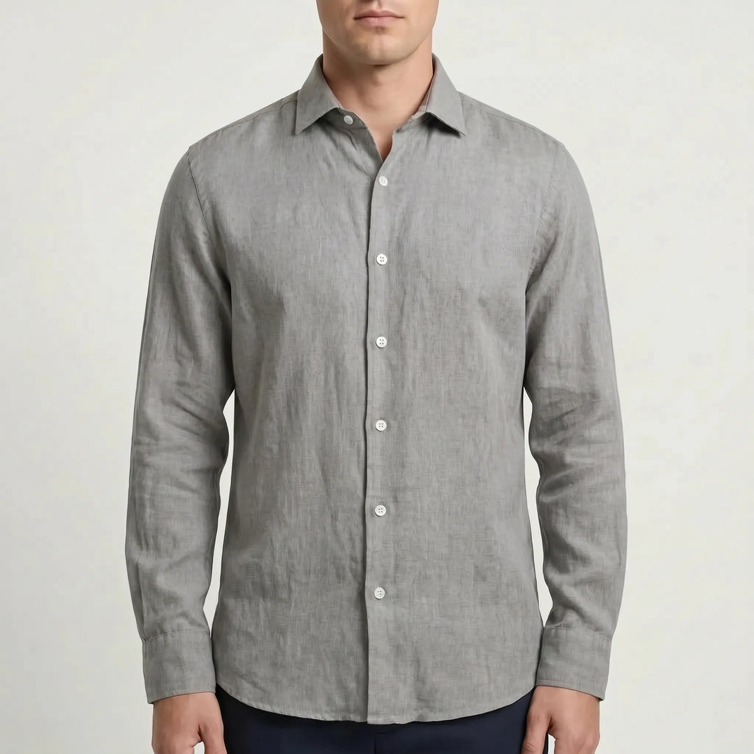 Modern men's relaxed fit long-sleeve button-up shirt. Breathable & comfortable for casual summer fashion.