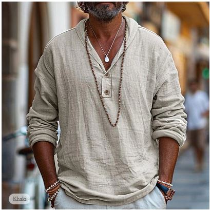 Men's relaxed fit long sleeve casual shirt with a stand-up collar, perfect for summer beach wear and everyday comfort.
