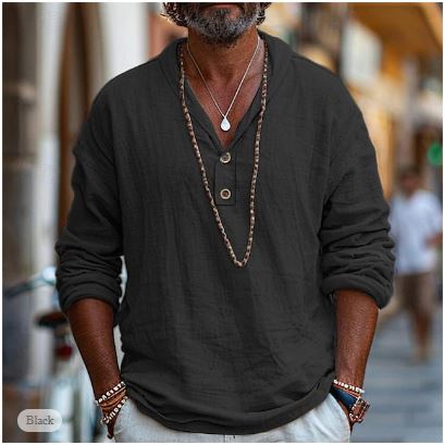 Stylish men's relaxed fit casual shirt featuring a stand-up collar, offering comfort for summer fashion and travel.