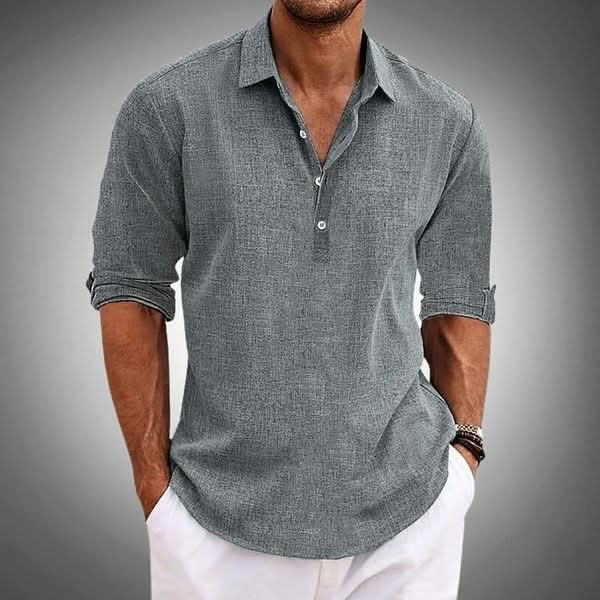 Comfortable men's long sleeve henley shirt in a relaxed fit, ideal for spring, summer, or everyday casual wear.