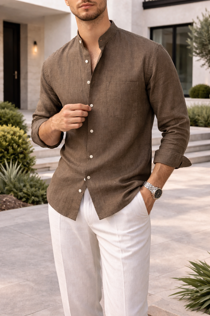 Casual men's long sleeve polo shirt, relaxed fit, grandad collar, chest pocket. Versatile for everyday & smart casual.