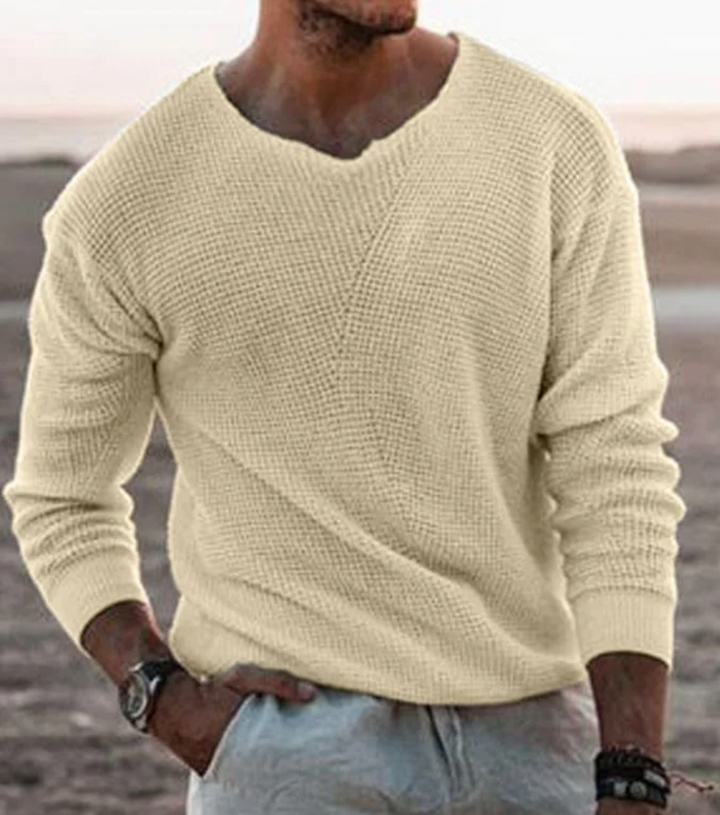Men's relaxed fit long-sleeve waffle knit sweater, cozy and versatile for autumn & winter casual everyday wear.