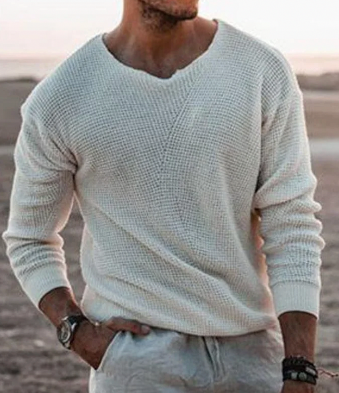 Cozy men's long-sleeve relaxed fit waffle knit sweater, a comfortable everyday top for autumn & winter style.