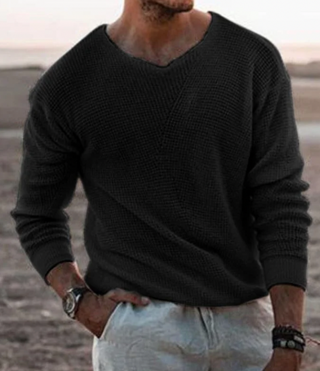 Versatile men's relaxed fit long-sleeve waffle knit sweater, perfect for casual autumn fashion & winter comfort.