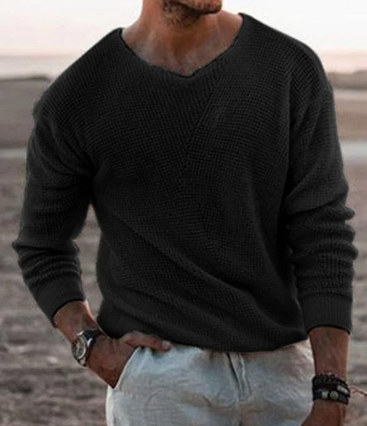 Versatile men's relaxed fit long-sleeve waffle knit sweater, perfect for casual autumn fashion & winter comfort.