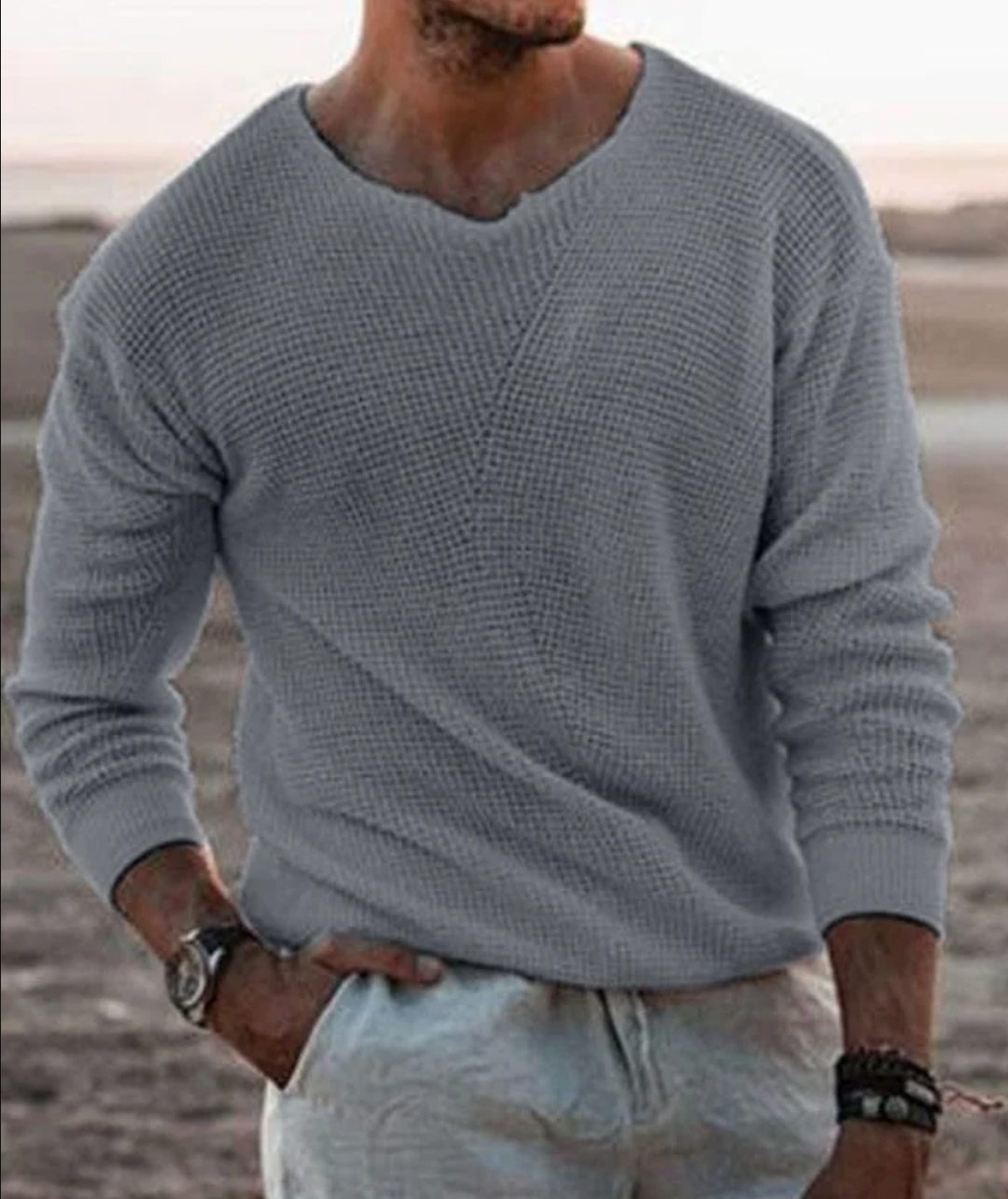 Relaxed fit V-neck men's long-sleeve waffle knit sweater, a cozy comfortable top for autumn & winter style.