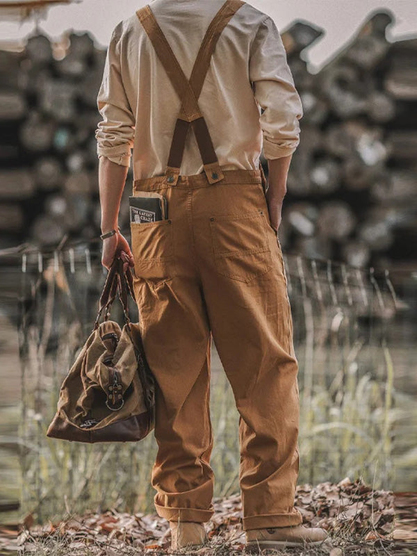 White men's full-length relaxed fit overalls, comfortable, stylish, and versatile for men's fashion.