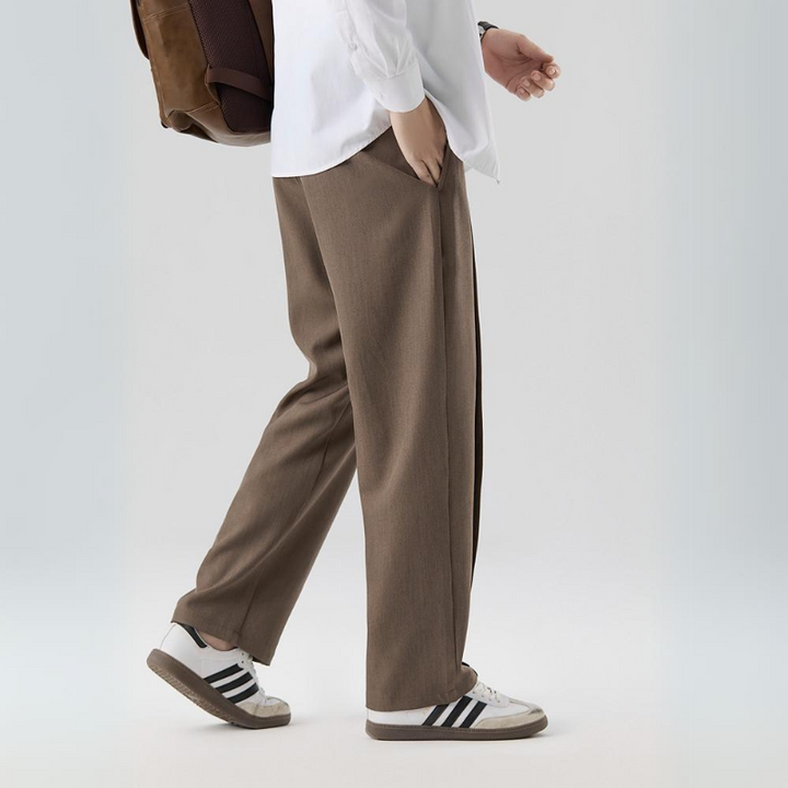 Comfortable men's pleated dress pants, relaxed fit, perfect for business attire or everyday casual.