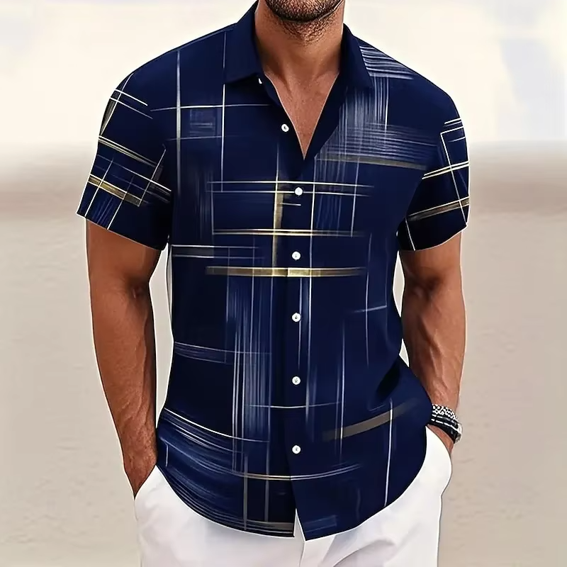 Men's relaxed fit polo shirt with modern geometric print, short sleeves & stylish camp collar.