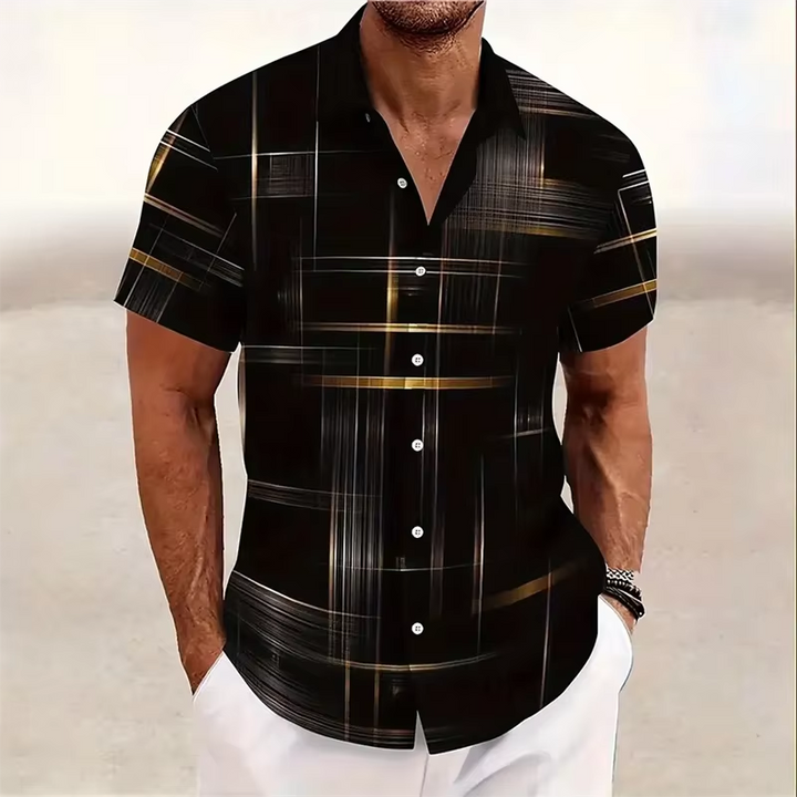 Stylish men's geometric print polo, relaxed fit. Perfect casual summer shirt for modern fashion.