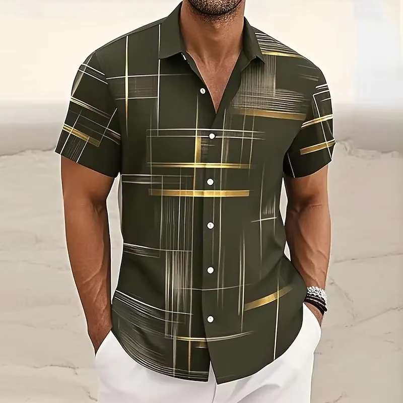 Men's short-sleeve polo with intricate geometric pattern, relaxed fit, and contemporary camp collar.