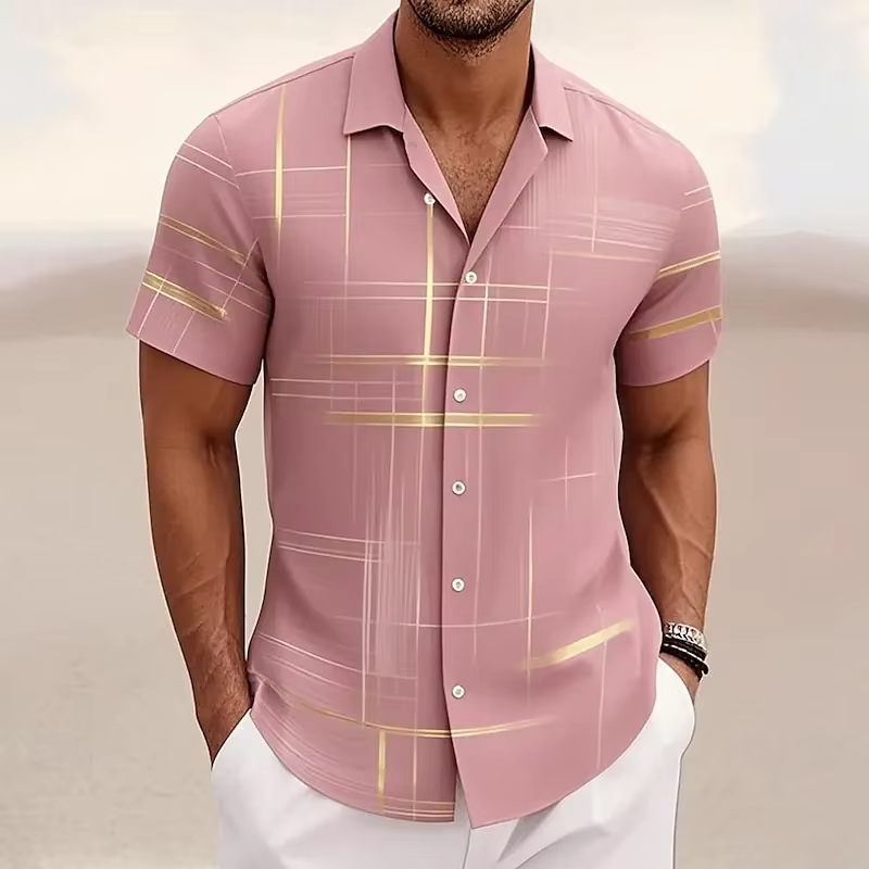Casual men's geometric print polo shirt, relaxed fit. Features short sleeves, camp collar for summer style.