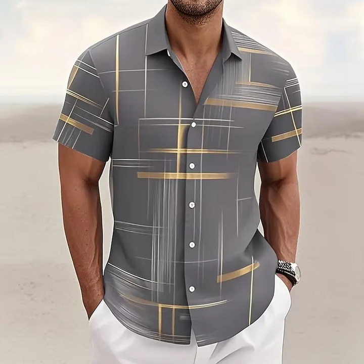 Men's summer polo shirt. Relaxed fit, geometric print, camp collar. Stylish casual wear.
