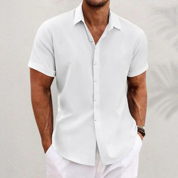 Lightweight men's relaxed fit short sleeve button-up shirt, perfect for summer days, combining comfort with casual style.