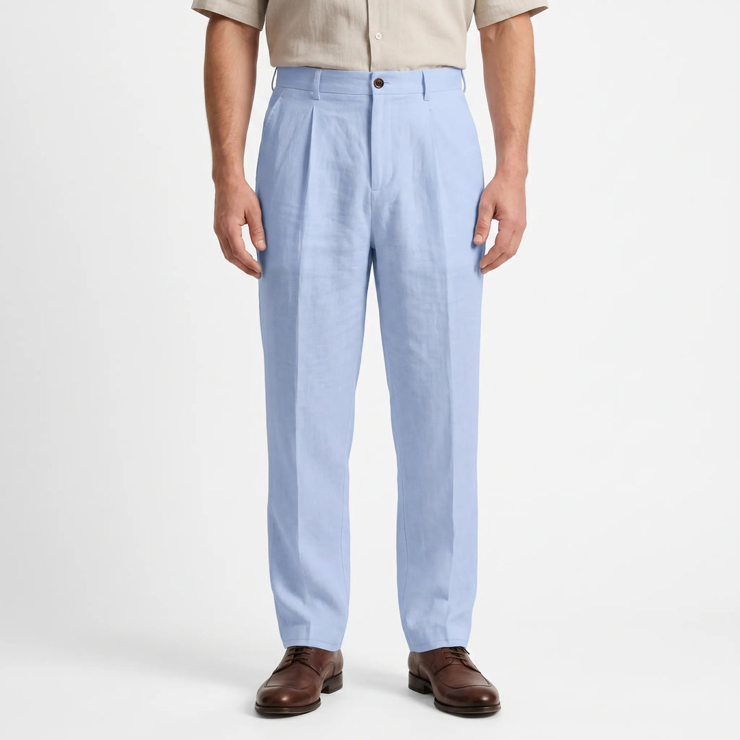 Mid-rise men's relaxed fit straight leg pleated trousers in dark grey, perfect for versatile casual and smart wear.