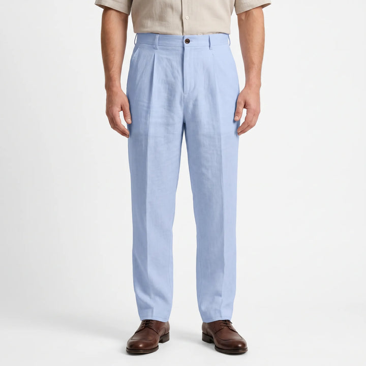 Mid-rise men's relaxed fit straight leg pleated trousers in dark grey, perfect for versatile casual and smart wear.