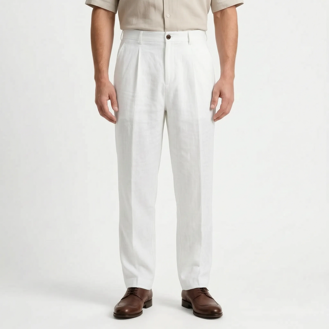 Stylish men's relaxed straight leg pants for spring/autumn fashion. Comfortable pleated trousers, ideal for smart casual wear.