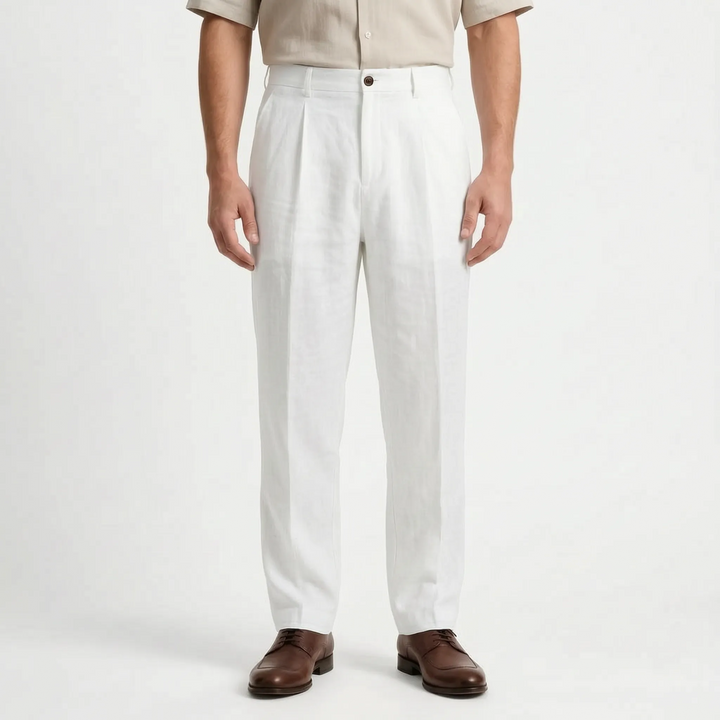 Stylish men's relaxed straight leg pants for spring/autumn fashion. Comfortable pleated trousers, ideal for smart casual wear.
